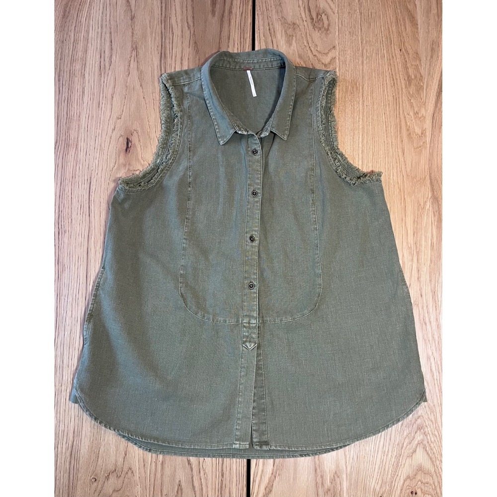 Free People Sleeveless Button Up Linen Blend Top Large Olive Green Boho Utility